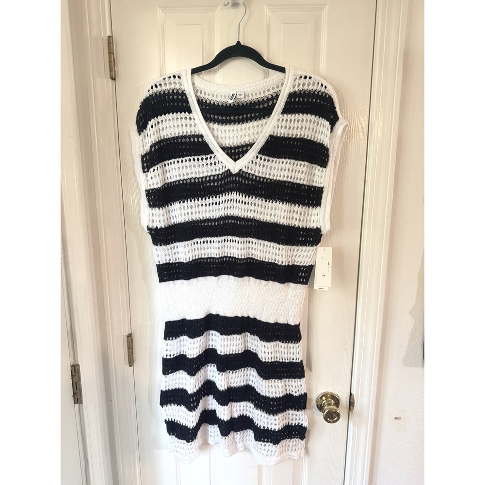 DKNY Sport Womens Striped Crochet Knit V-Neck Tunic Dress Black White Large NEW
